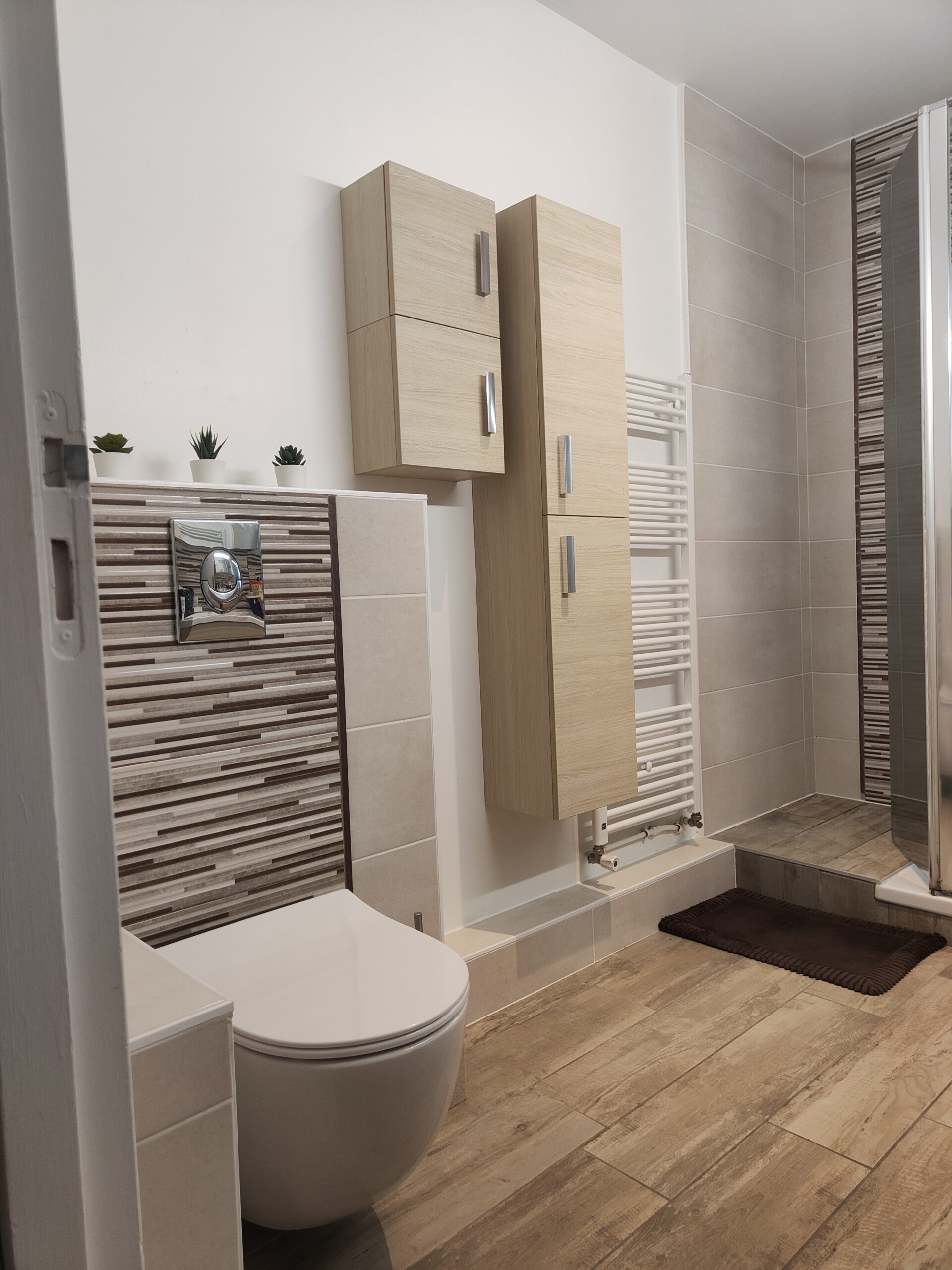 Rénovation de salle de bain avec WC suspendu et carrelage moderne
