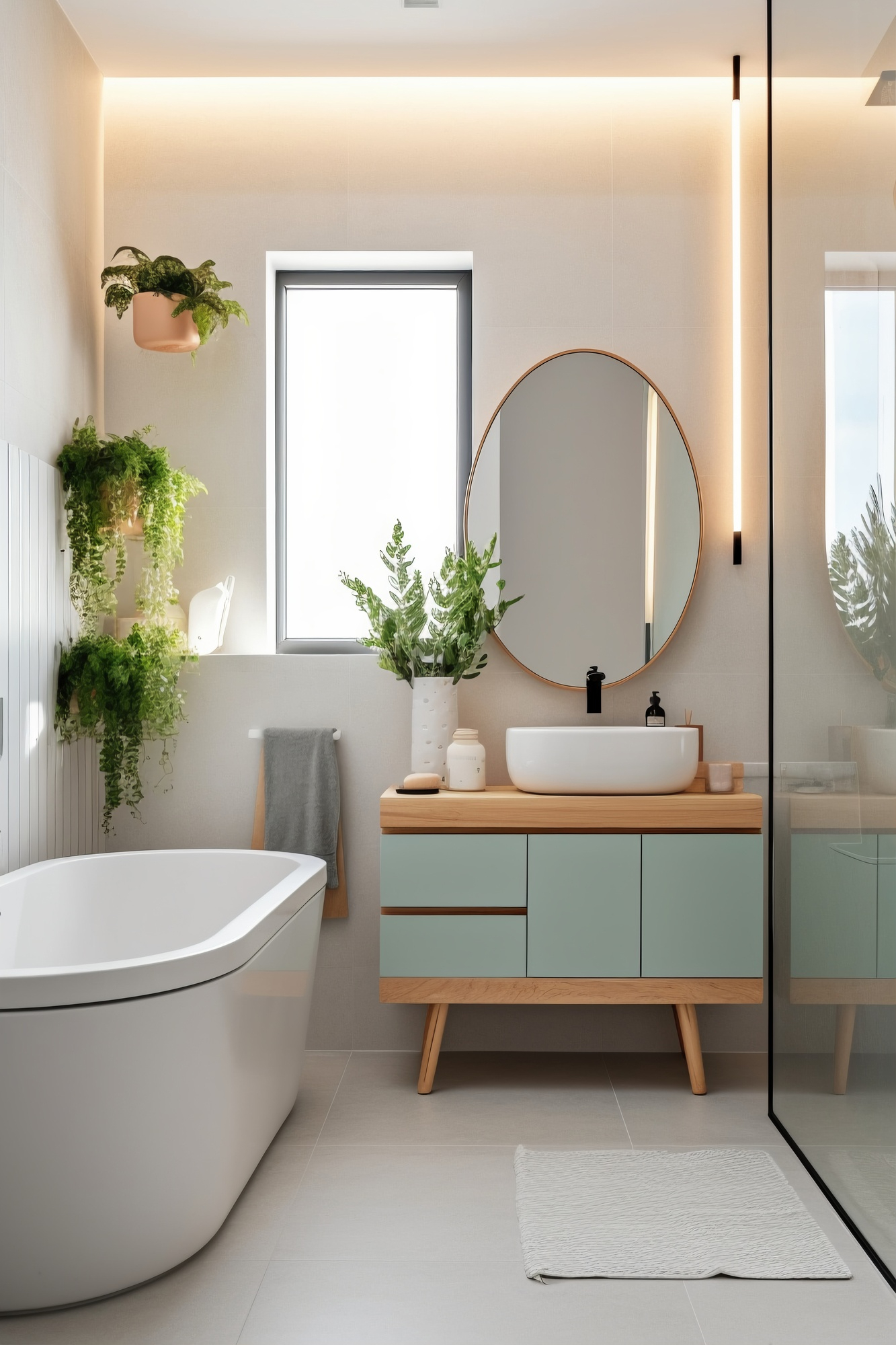Salle de bains avec baignoire et meuble
